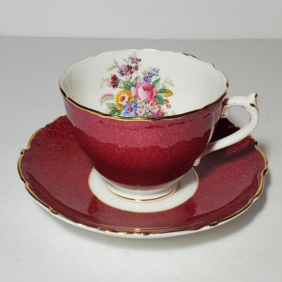 Coalport Teacup and Saucer Burgundy Pink Yellow Blue Flowers Vintage - Picture 2 of 10